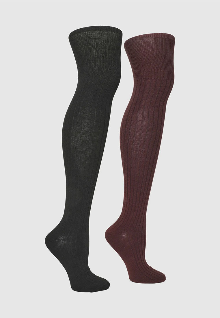 Women's Pack of 2 pairs of plain ribbed knee-high socks