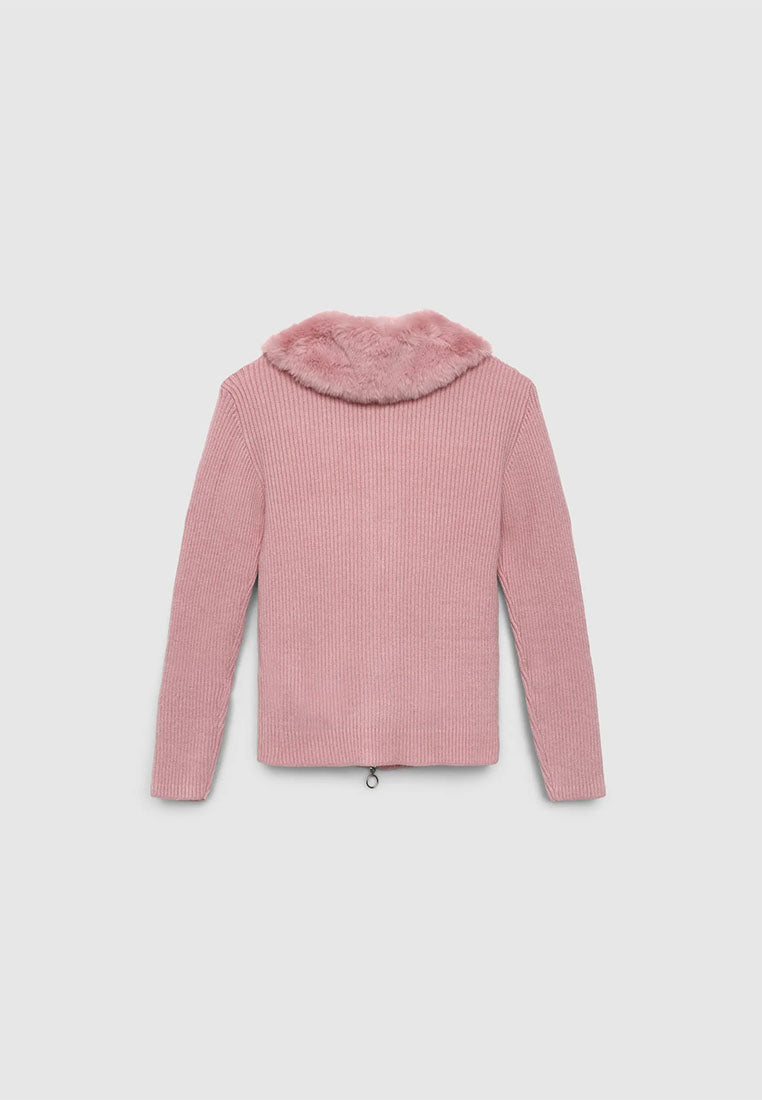 Zip-up cardigan with faux fur collar for Girls