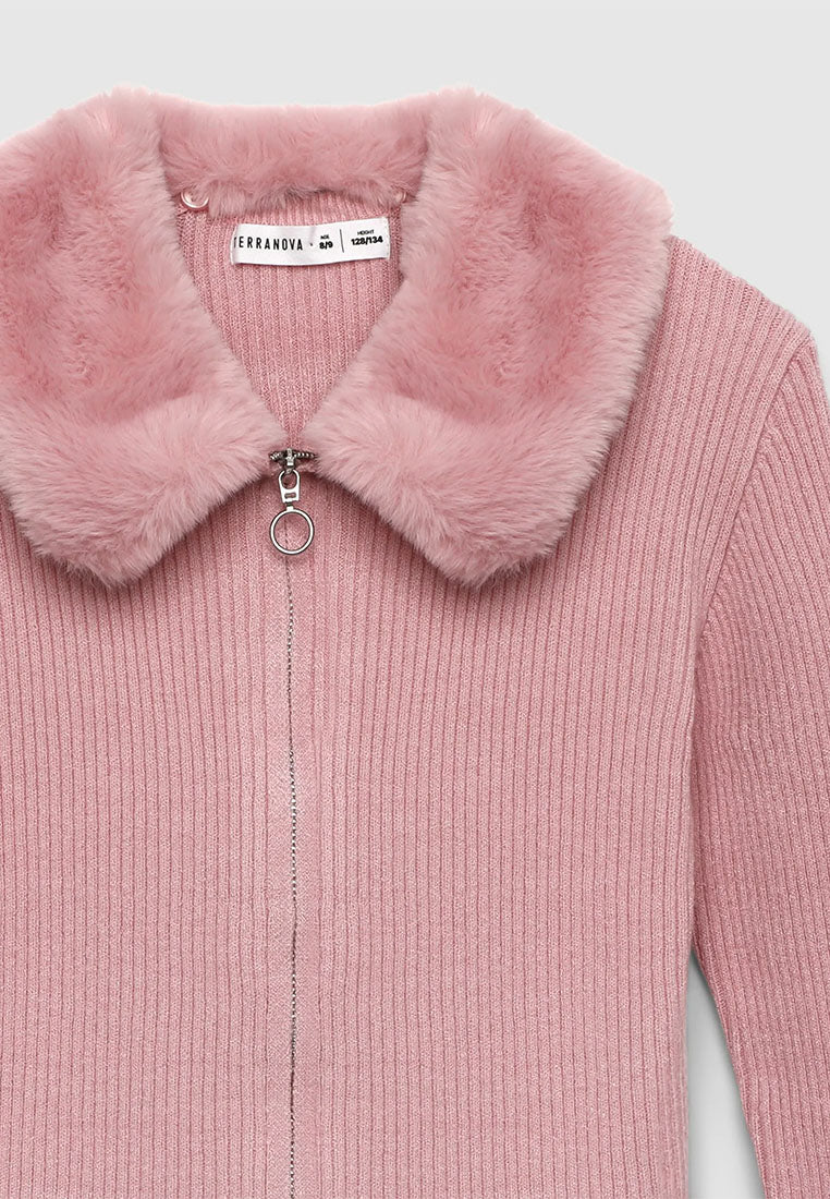 Zip-up cardigan with faux fur collar for Girls