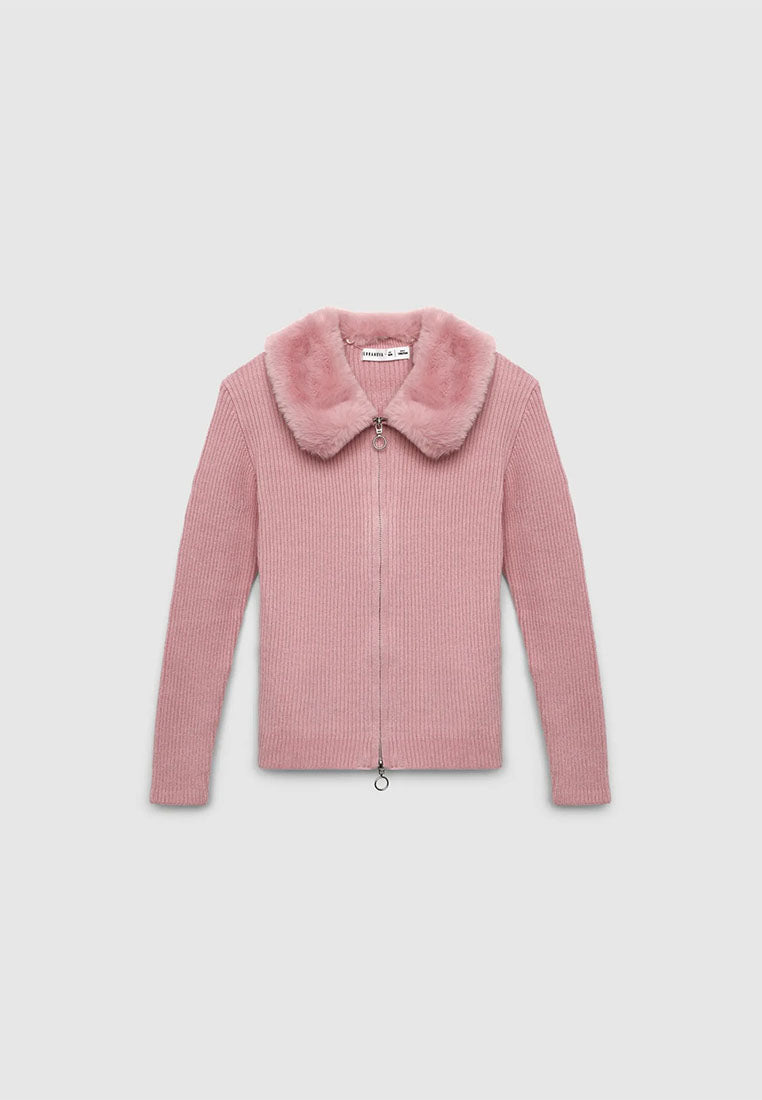 Zip-up cardigan with faux fur collar for Girls
