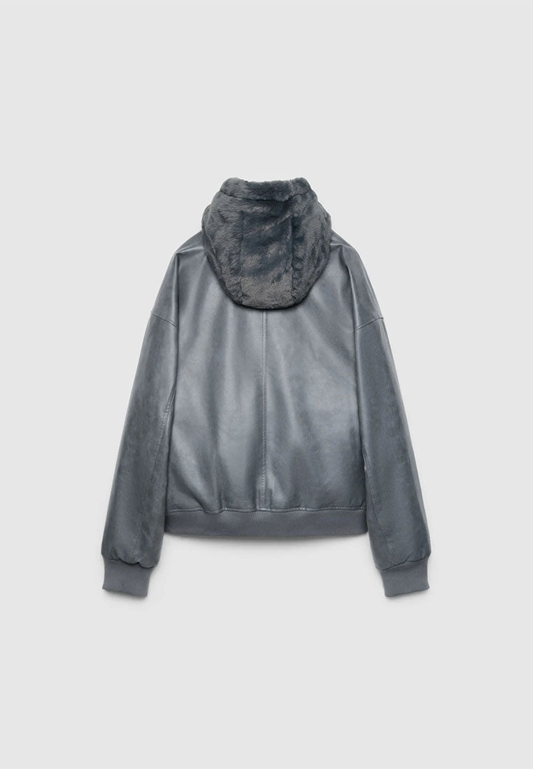 Men's Padded bomber jacket with leather-effect hood