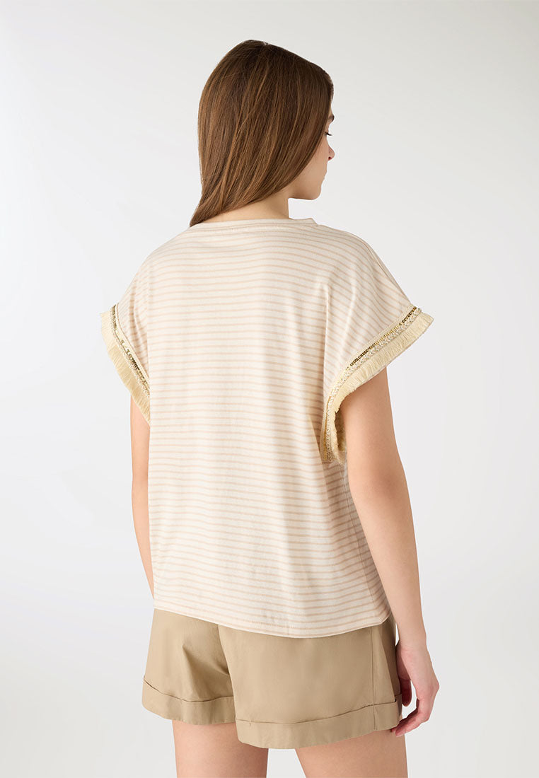 Women's Striped Tee with Sequin Fringe Sleeves