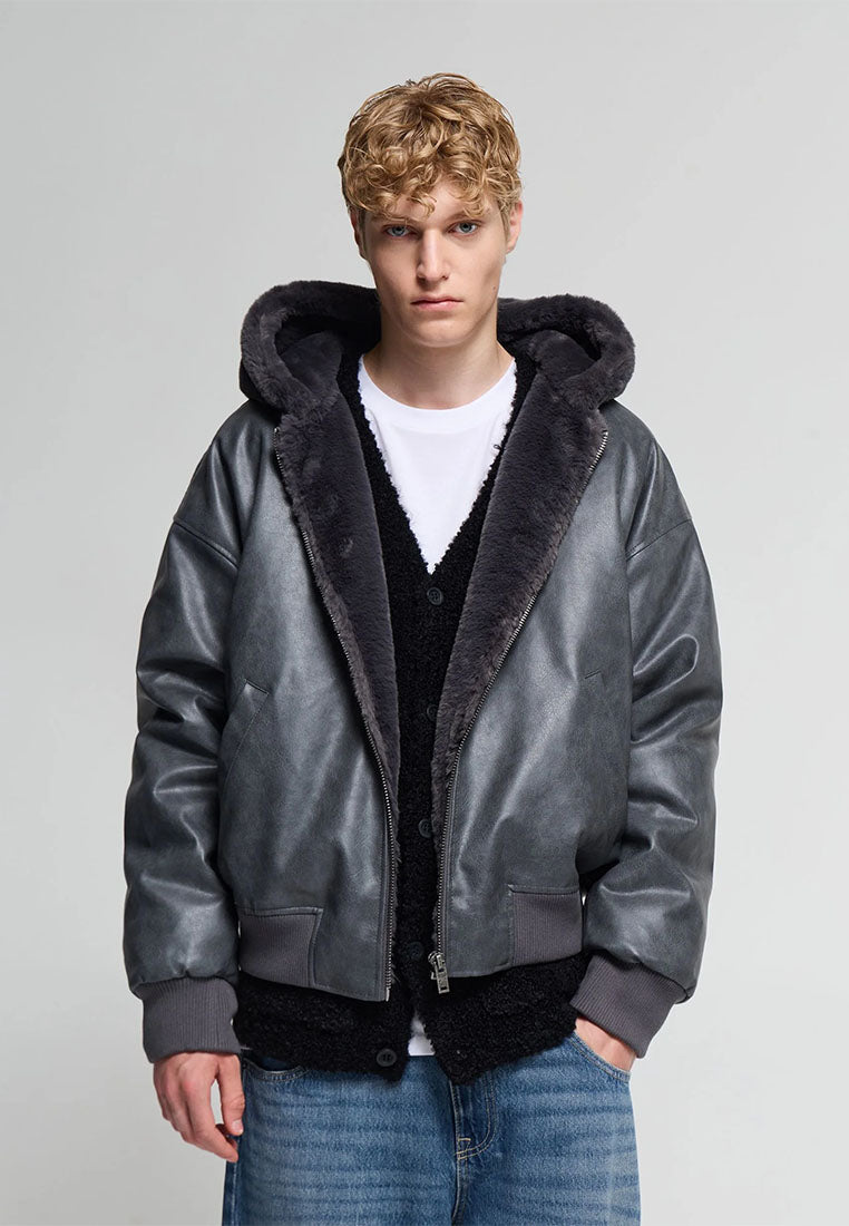 Men's Padded bomber jacket with leather-effect hood