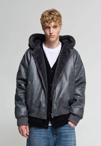 Men's Padded bomber jacket with leather-effect hood
