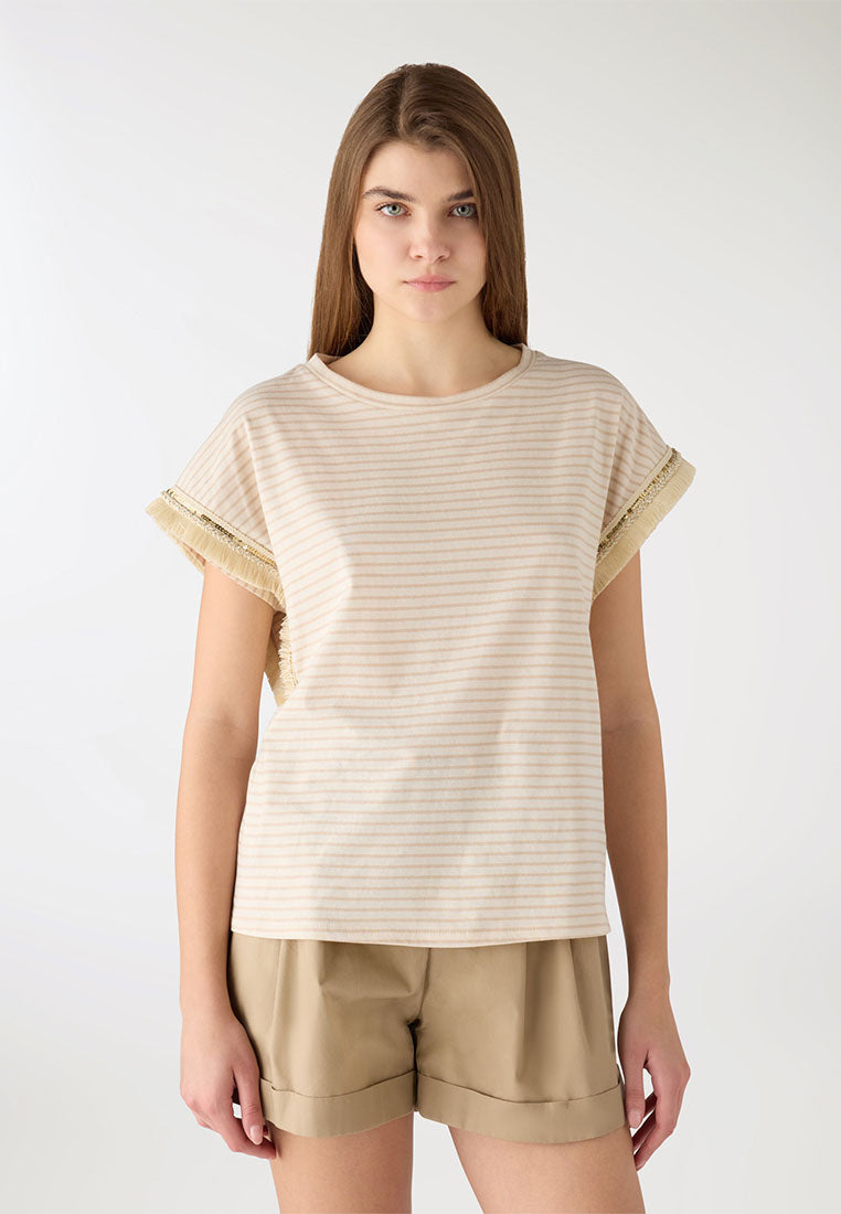 Women's Striped Tee with Sequin Fringe Sleeves