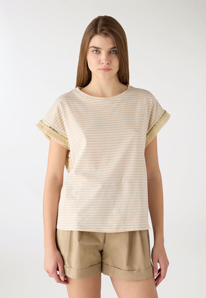 Women's Striped Tee with Sequin Fringe Sleeves