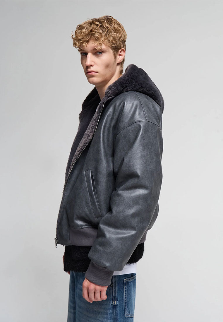 Men's Padded bomber jacket with leather-effect hood