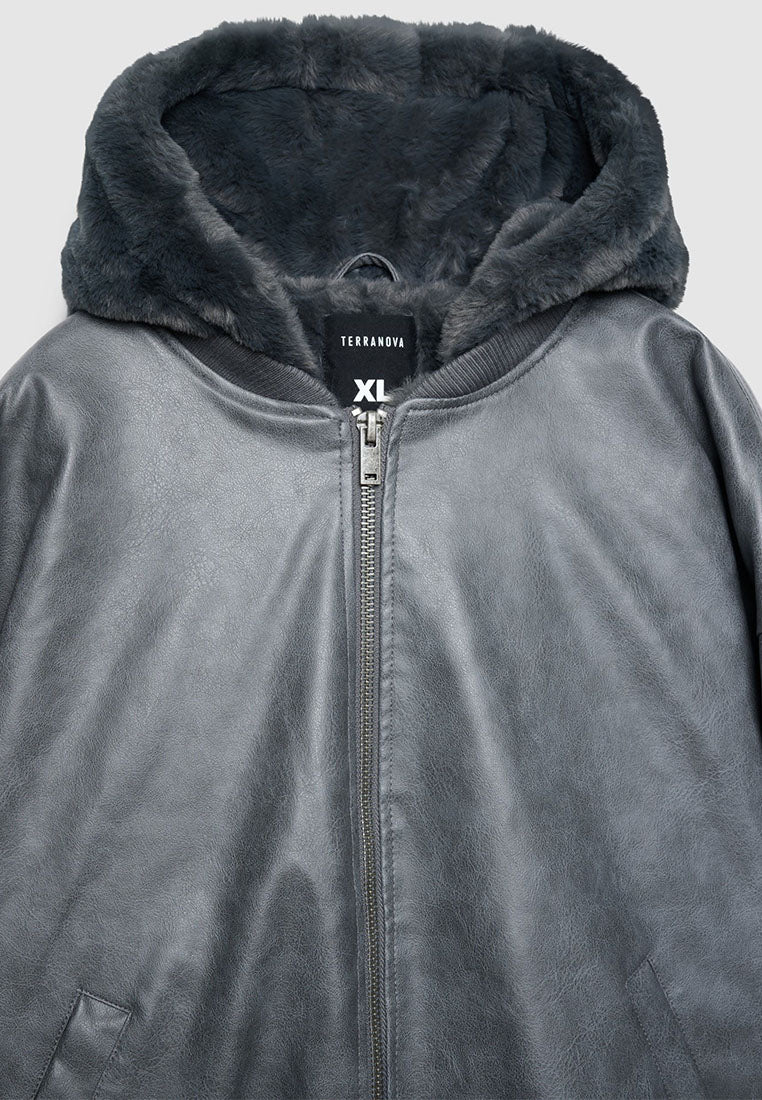 Men's Padded bomber jacket with leather-effect hood