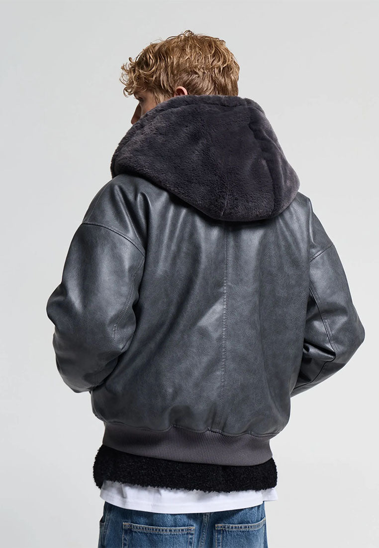 Men's Padded bomber jacket with leather-effect hood