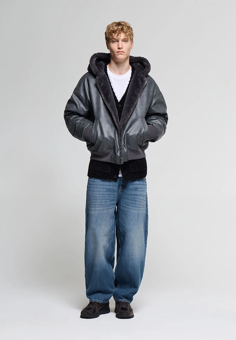 Men's Padded bomber jacket with leather-effect hood
