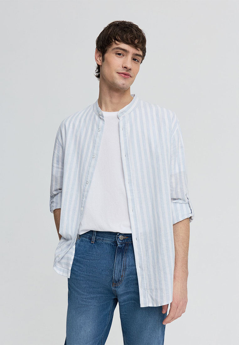Men's Striped Shirt with Mandarin Collar
