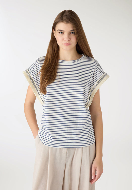 Women's Striped Tee with Sequin Fringe Sleeves