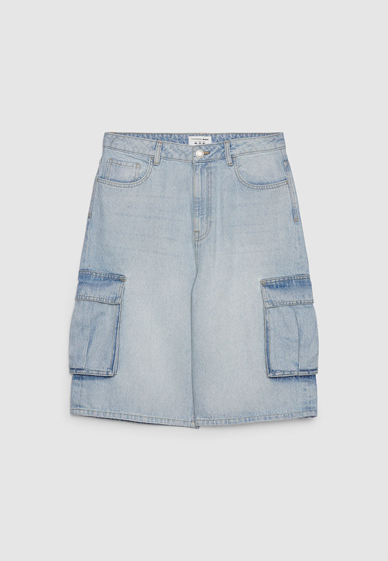 Men's Wide-Leg Denim Cargo Bermudas