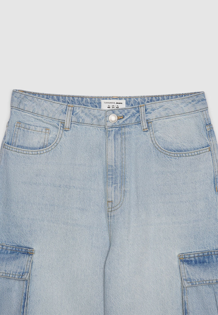 Men's Wide-Leg Denim Cargo Bermudas