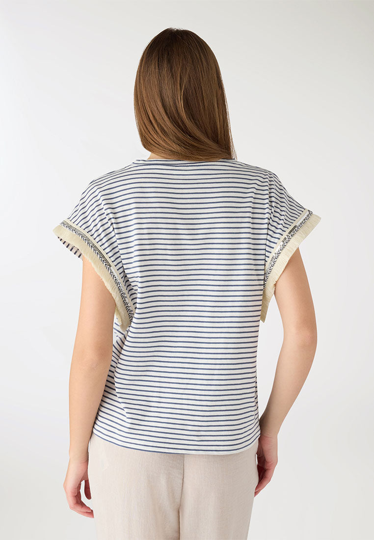 Women's Striped Tee with Sequin Fringe Sleeves