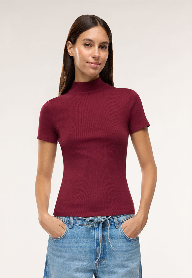Women's Ribbed T-shirt with mock neck collar