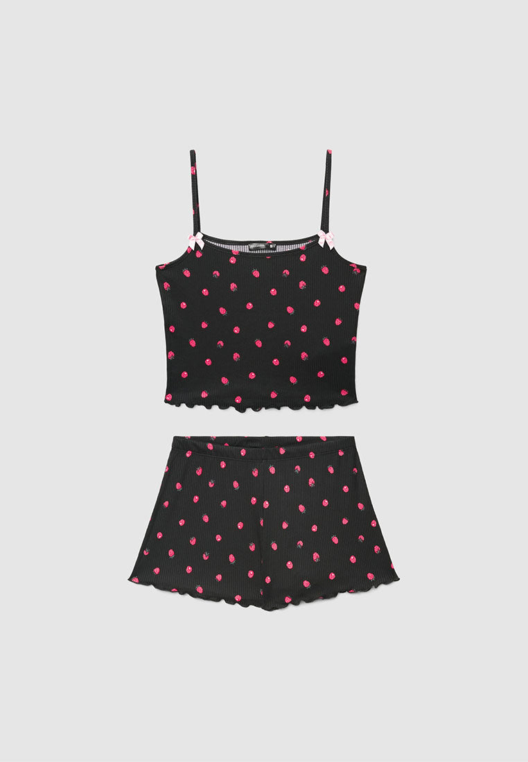 Women's Strawberry Print Ribbed Pajama Set