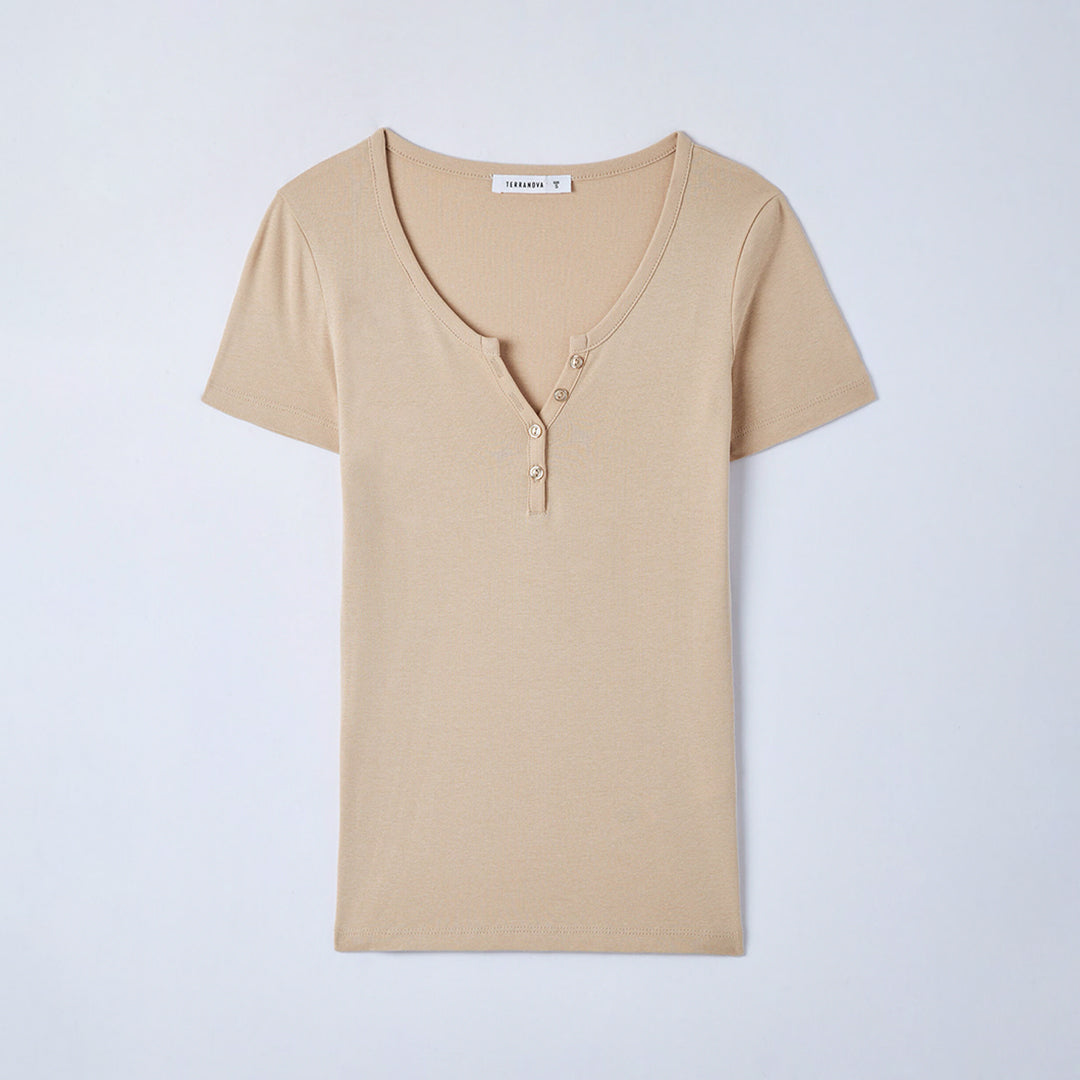 Wide Neckline Fitted Henley T-Shirt