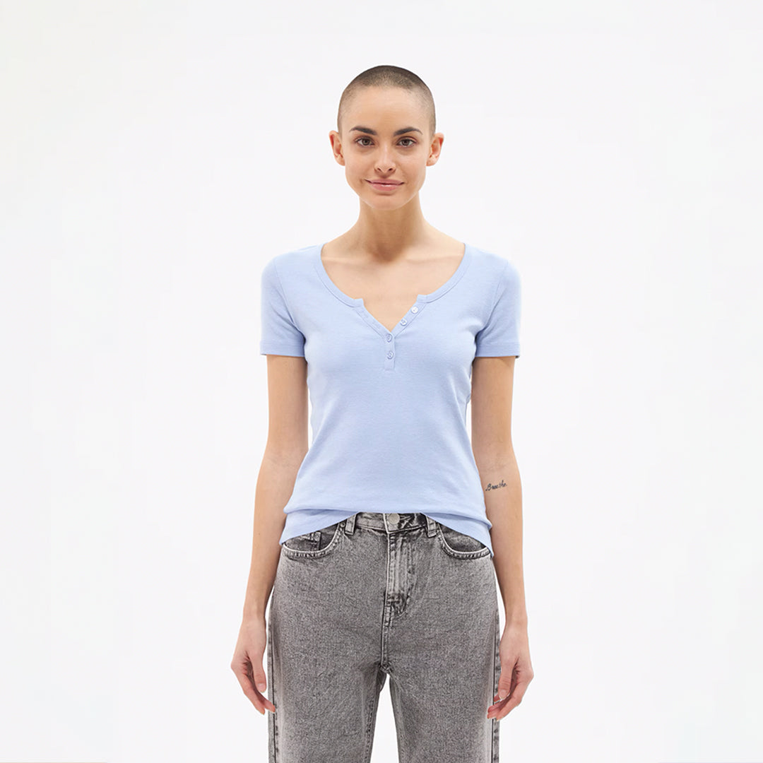 Wide Neckline Fitted Henley T-Shirt