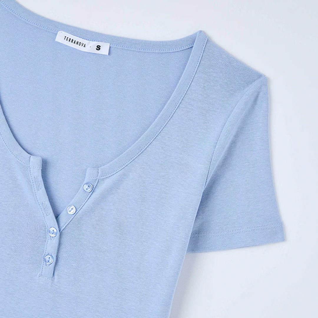 Wide Neckline Fitted Henley T-Shirt