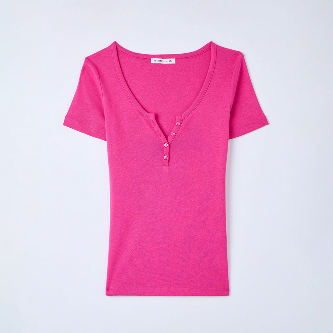 Wide Neckline Fitted Henley T-Shirt