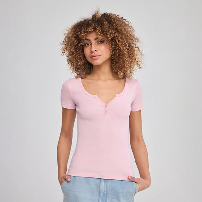 Wide Neckline Fitted Henley T-Shirt