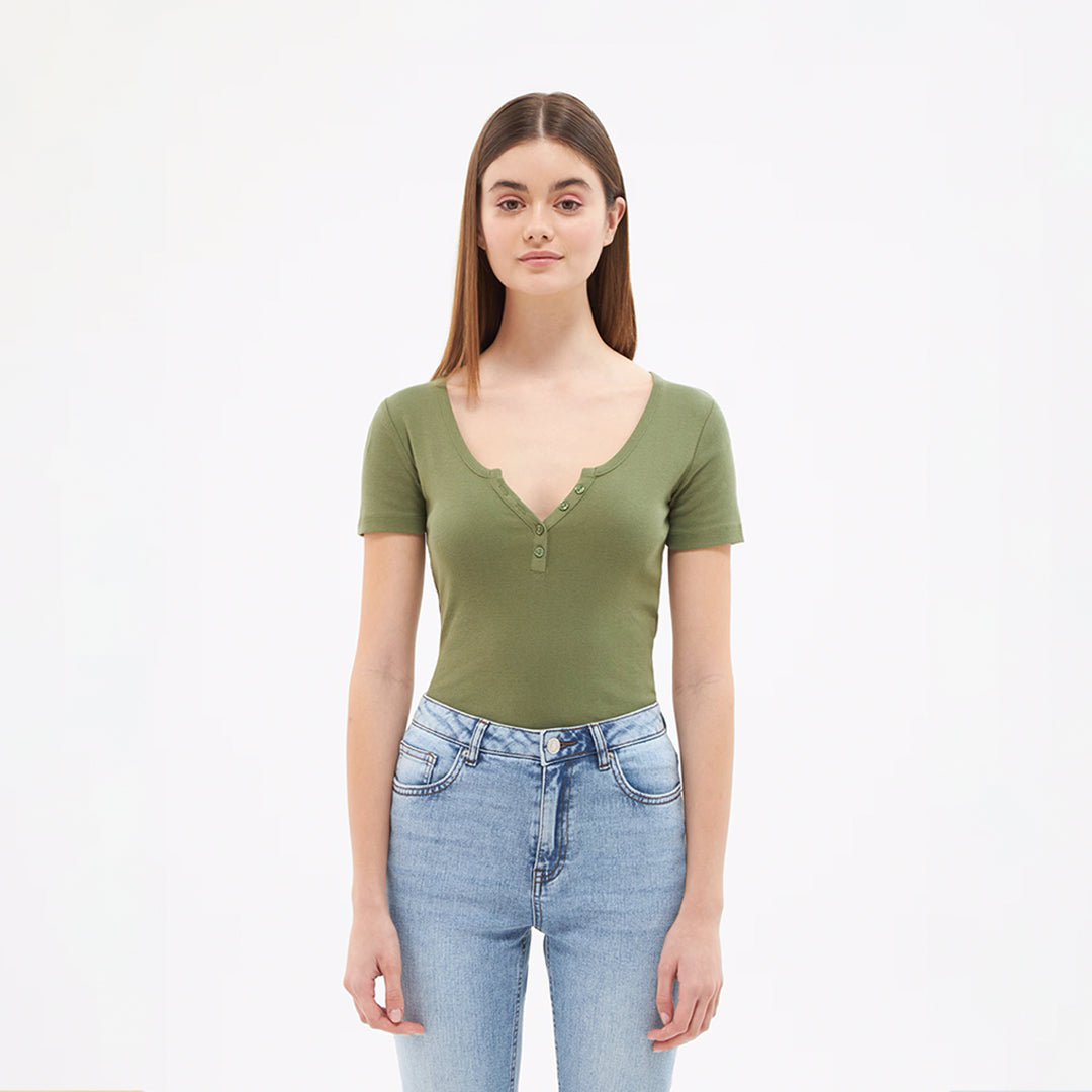 Wide Neckline Fitted Henley T-Shirt