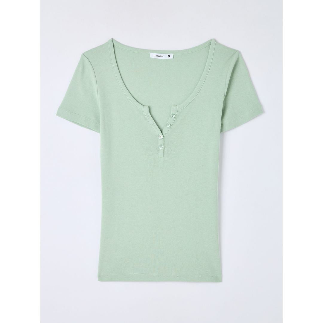 Wide Neckline Fitted Henley T-Shirt