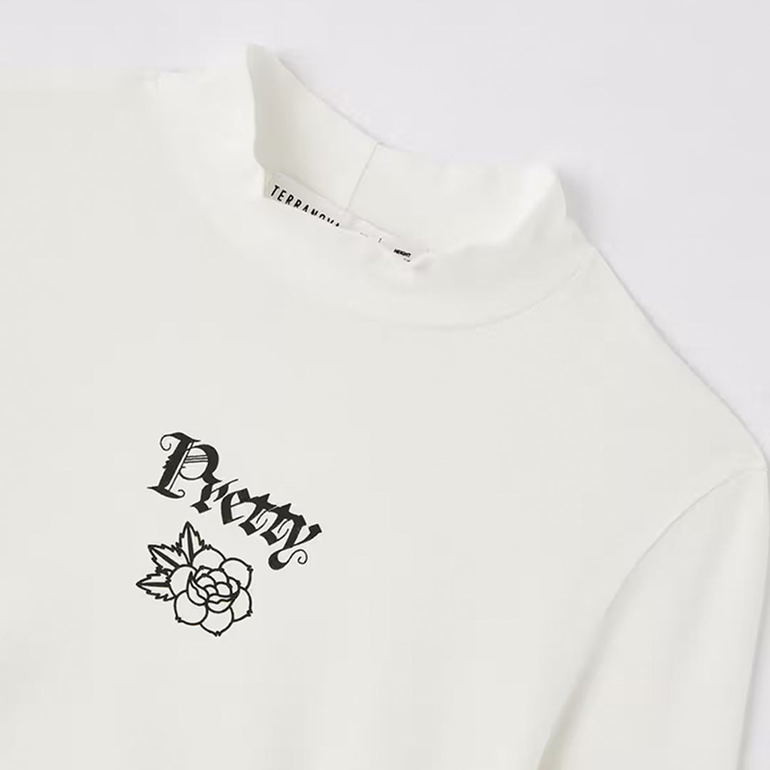 Turtleneck T-Shirt with Gathering and Writing