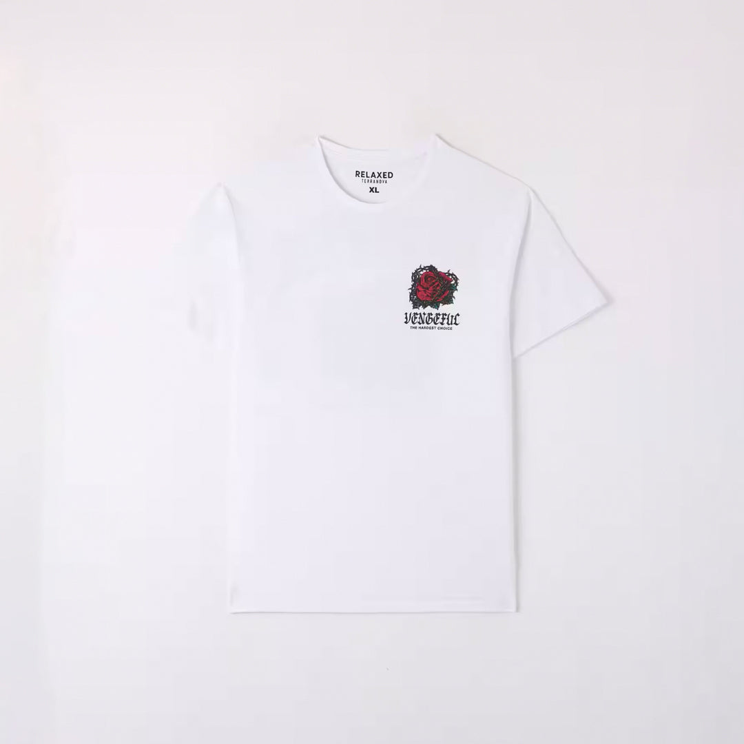 Crew Neck T-Shirt with Rose Print and Gothic Writing