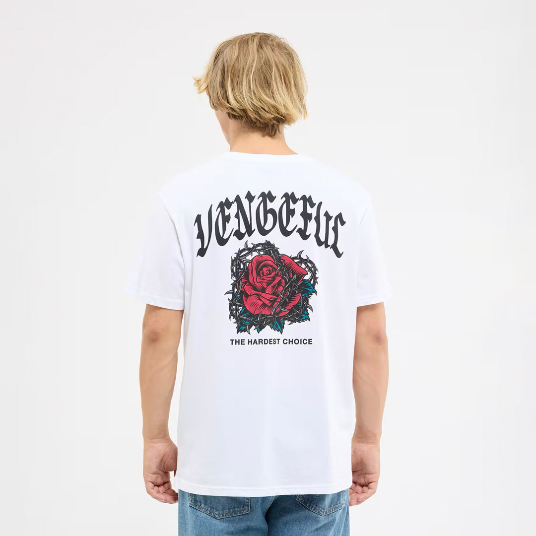 Crew Neck T-Shirt with Rose Print and Gothic Writing