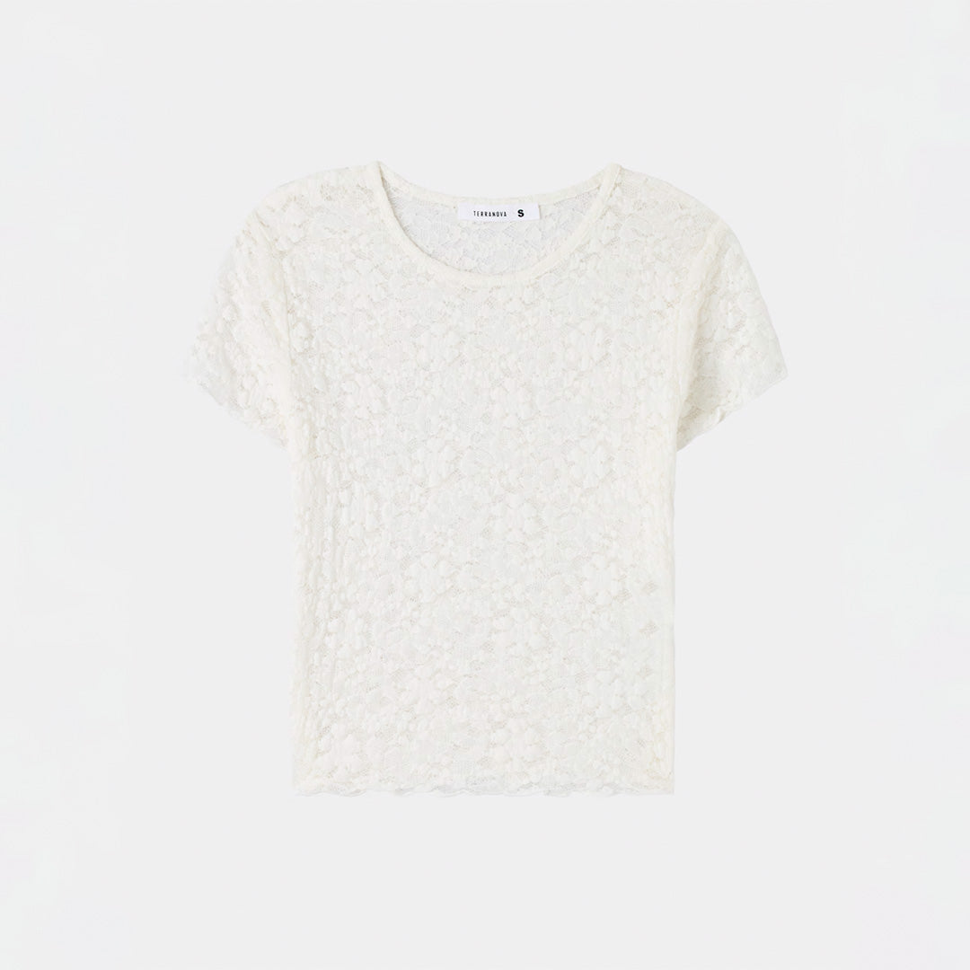 Crew Neck Short Sleeve Cropped Lace T-Shirt