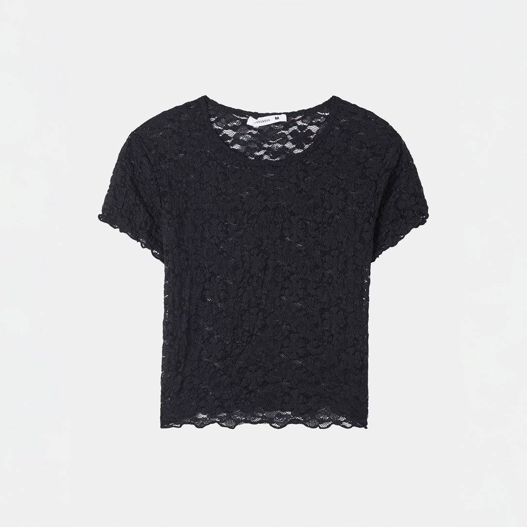Crew Neck Short Sleeve Cropped Lace T-Shirt