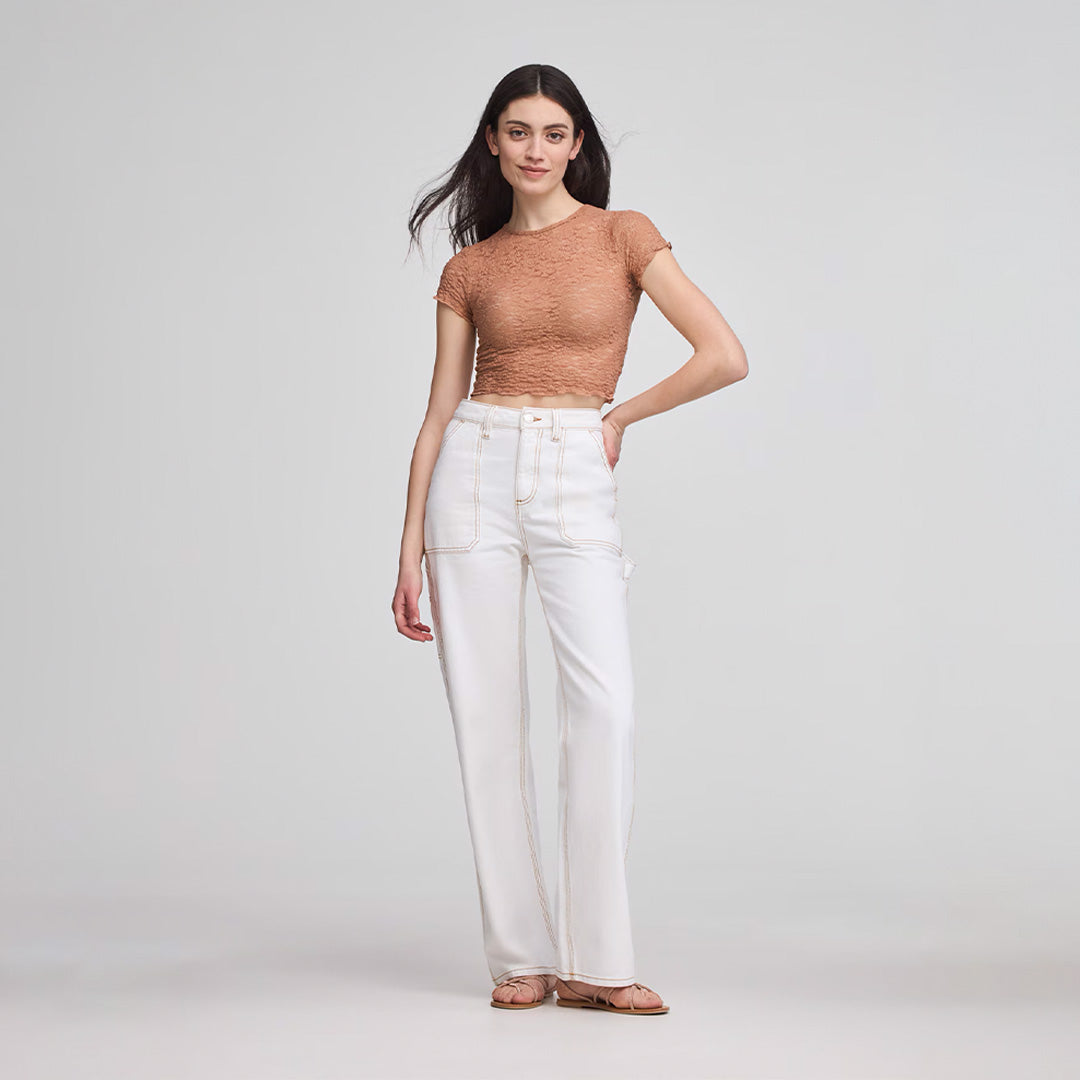 Crew Neck Short Sleeve Cropped Lace T-Shirt