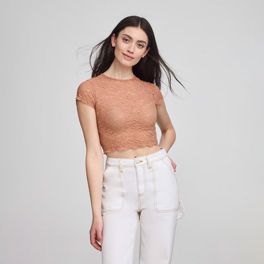 Crew Neck Short Sleeve Cropped Lace T-Shirt