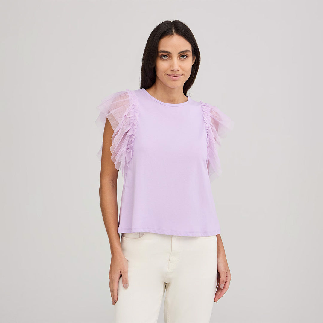 Crew Neck Short Sleeve with Tulle Flounces