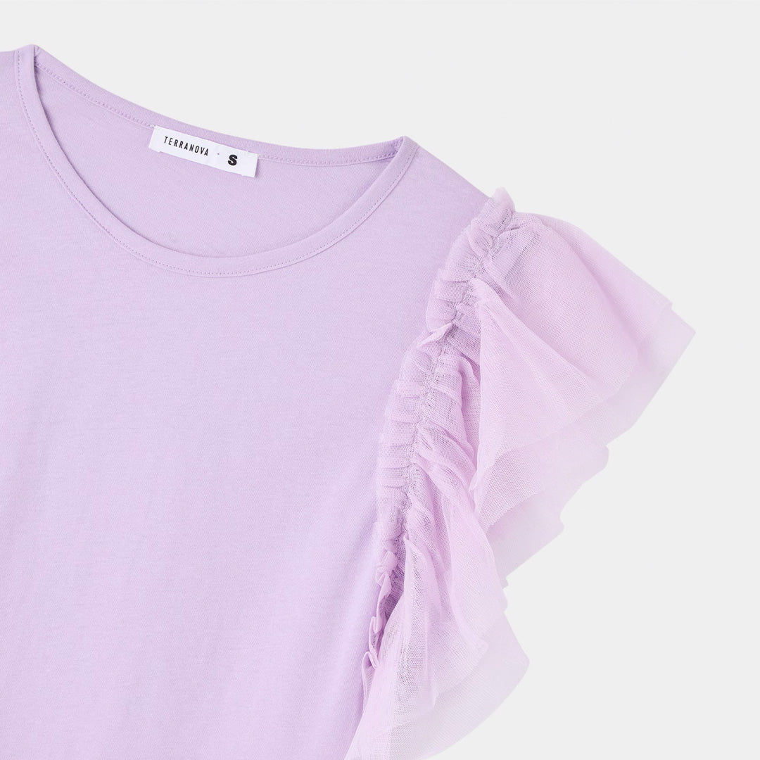 Crew Neck Short Sleeve with Tulle Flounces