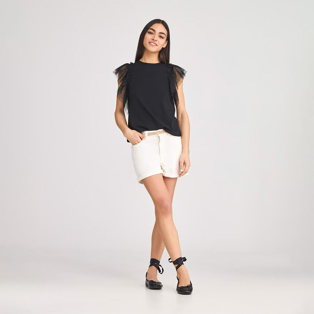 Crew Neck Short Sleeve with Tulle Flounces