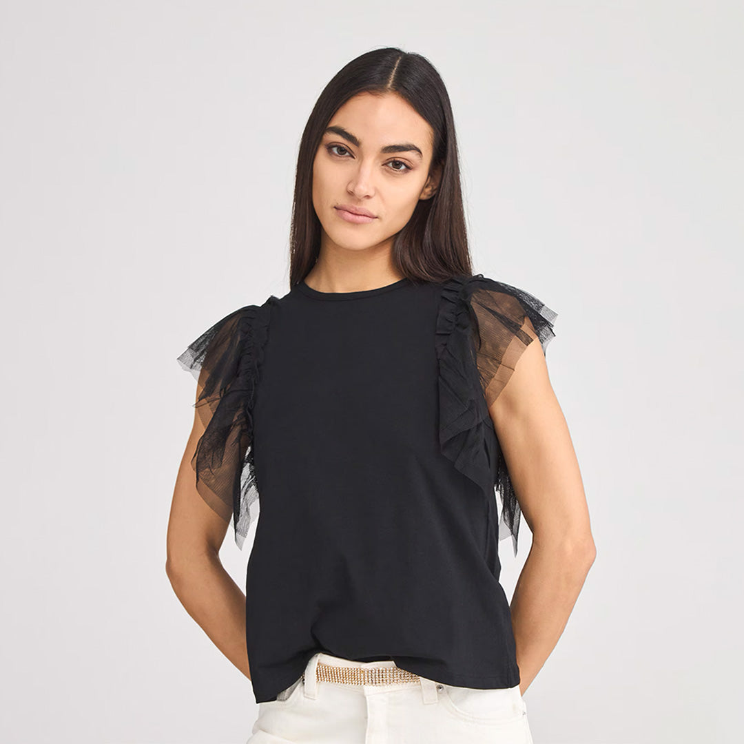 Crew Neck Short Sleeve with Tulle Flounces