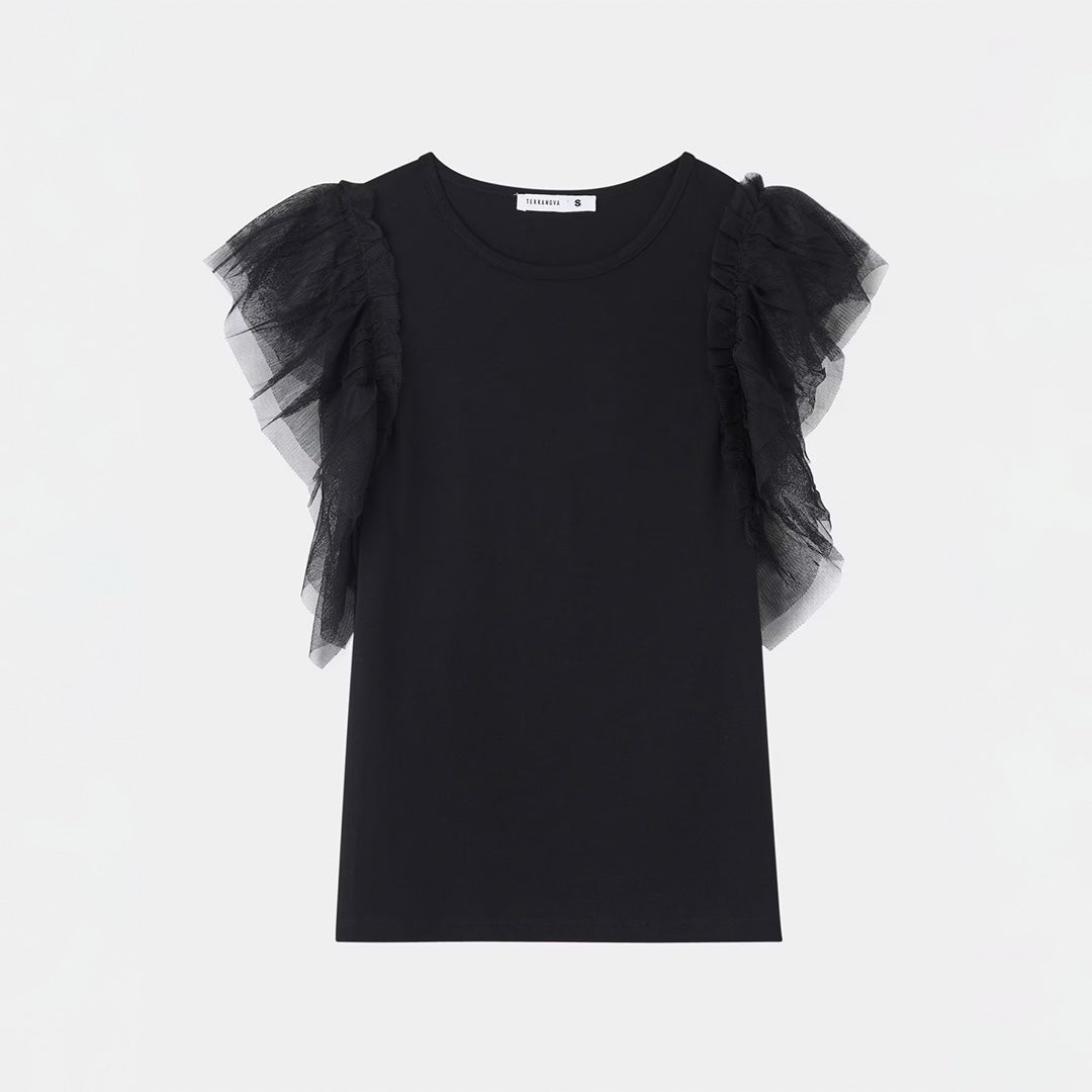 Crew Neck Short Sleeve with Tulle Flounces