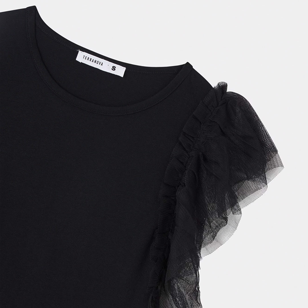 Crew Neck Short Sleeve with Tulle Flounces