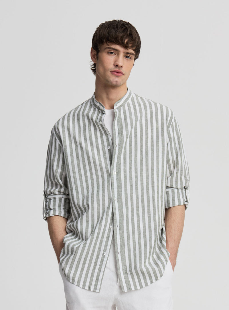 Men's Striped Shirt with Mandarin Collar